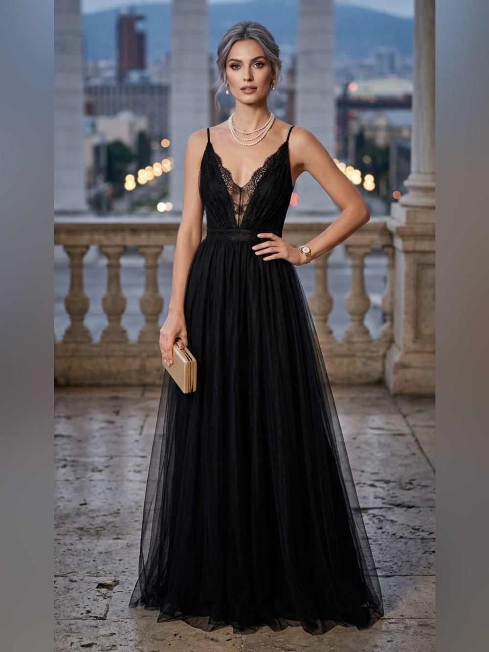 Black Lace Deep V-Neck Tulle Prom Gown